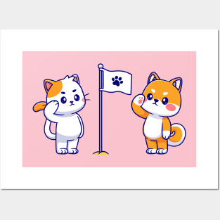 Cute Cat and Cute Shiba Inu Respect Paw Flag Cartoon Posters and Art